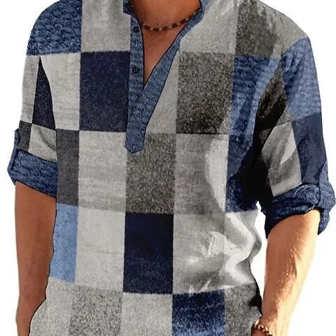 Heren Patchwork Overhemd Met V Hals En Casual Pasvorm