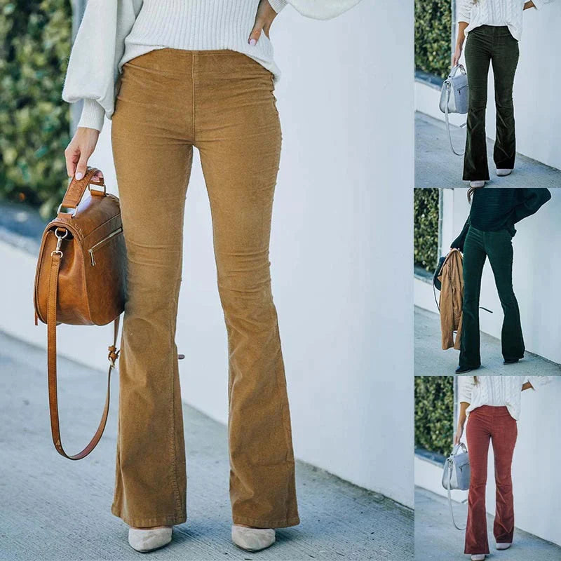 Lima retro ribfluwelen flared broek met hoge taille van zachte, stretch stof voor een comfortabele pasvorm en vintage stijl.