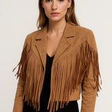 Trendy Korte Suède Look Jas met Franjes en Reverskraag