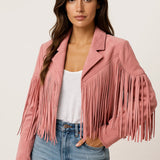 Trendy Korte Suède Look Jas met Franjes en Reverskraag