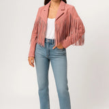 Trendy Korte Suède Look Jas met Franjes en Reverskraag