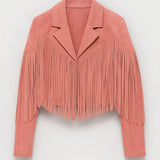 Trendy Korte Suède Look Jas met Franjes en Reverskraag