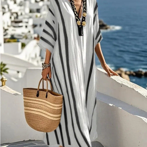 Gestreepte Maxi Kaftan Jurk met V-Hals