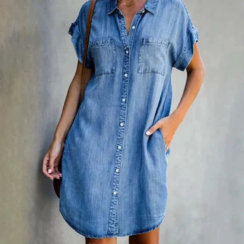 Denim Blousejurk met Knoopsluiting