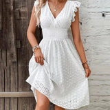 Mouwloze Midi Jurk met Broderie en Volantmouwen