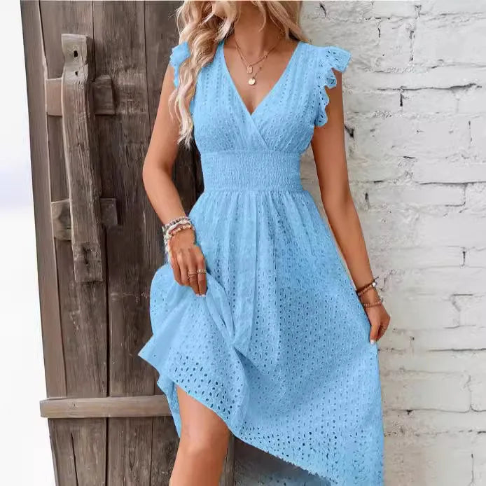 Mouwloze Midi Jurk met Broderie en Volantmouwen