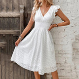 Mouwloze Midi Jurk met Broderie en Volantmouwen