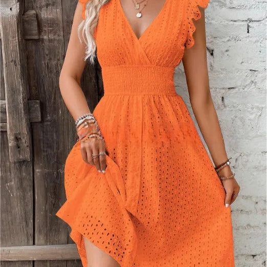 Mouwloze Midi Jurk met Broderie en Volantmouwen