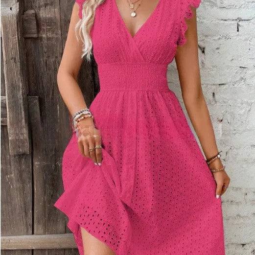 Mouwloze Midi Jurk met Broderie en Volantmouwen