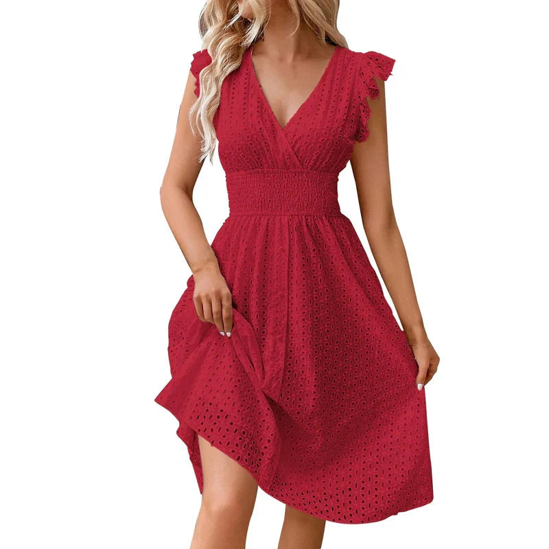 Mouwloze Midi Jurk met Broderie en Volantmouwen