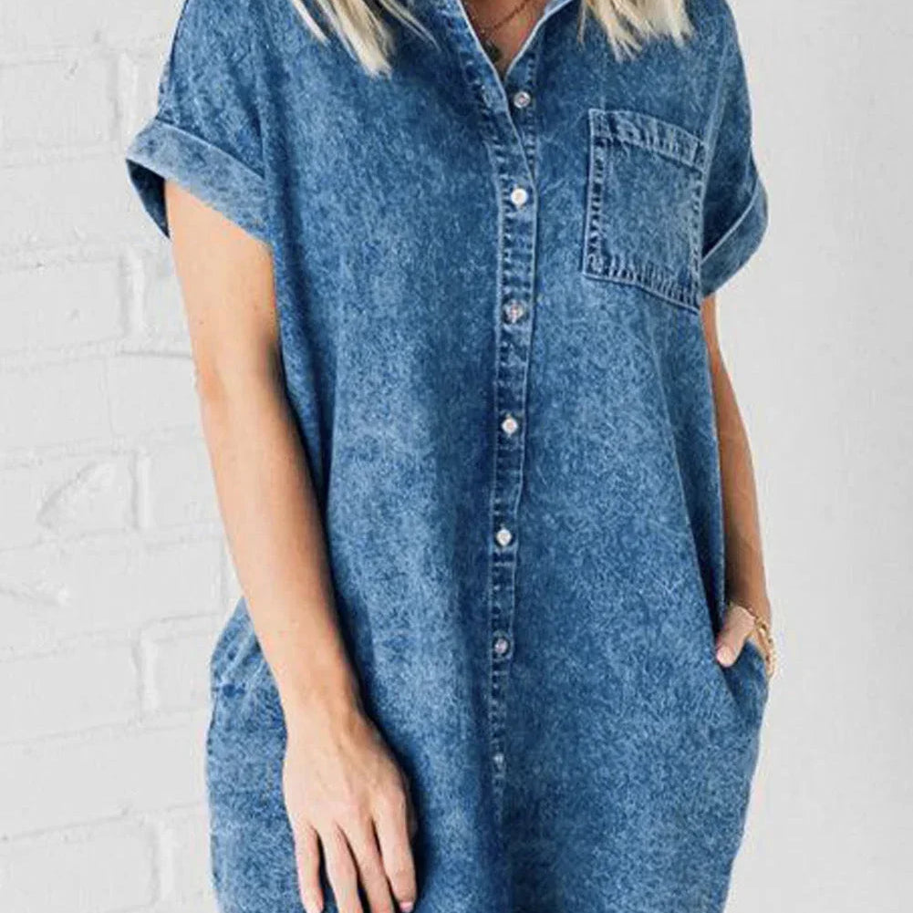 Denim Mini Jurk met Overhemdkraag en Knoopsluiting