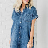 Denim Mini Jurk met Overhemdkraag en Knoopsluiting