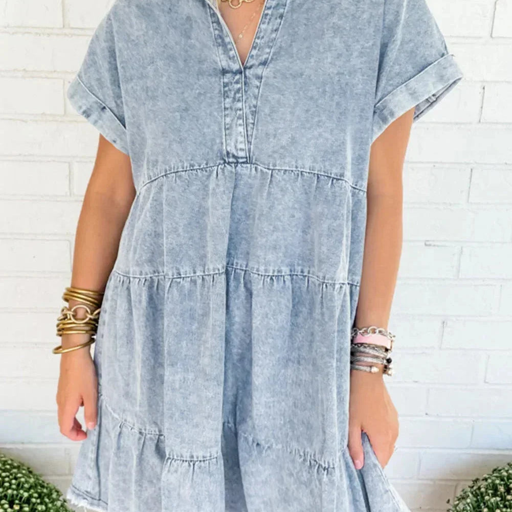 Denim Mini Jurk met Overhemdkraag en Knoopsluiting