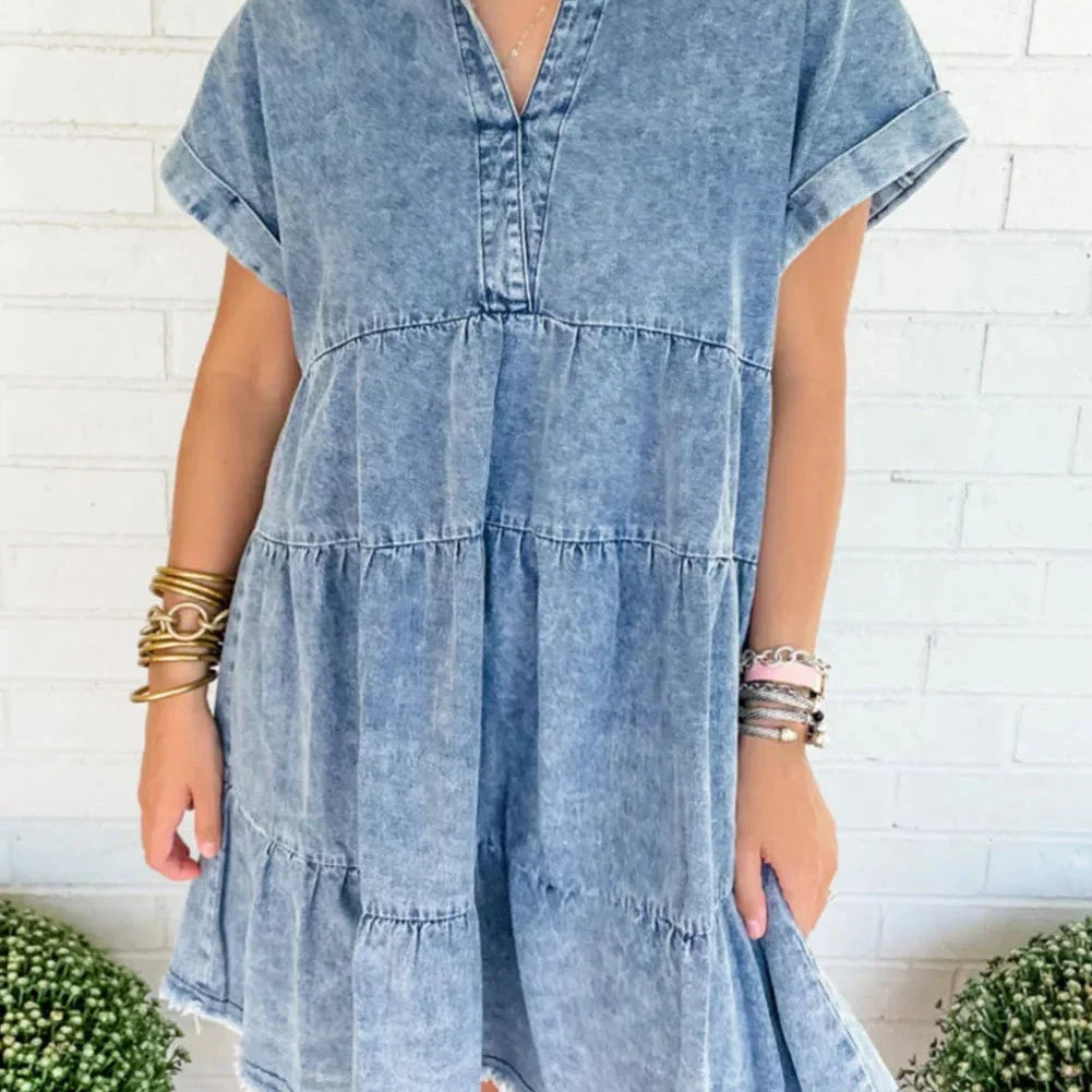 Denim Mini Jurk met Overhemdkraag en Knoopsluiting
