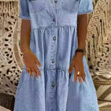 Denim Midi Jurk met Knoopsluiting en Kraag