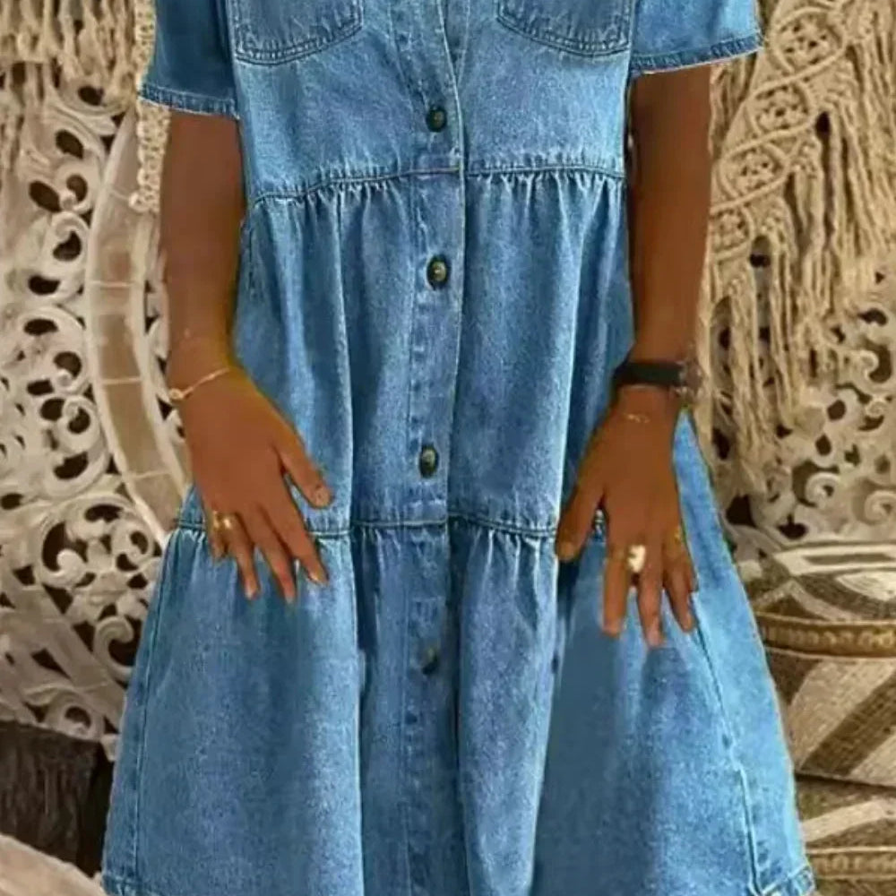 Denim Midi Jurk met Knoopsluiting en Kraag