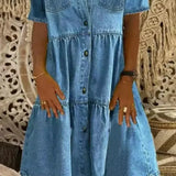 Denim Midi Jurk met Knoopsluiting en Kraag