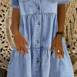 Denim Midi Jurk met Knoopsluiting en Kraag