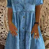 Denim Midi Jurk met Knoopsluiting en Kraag