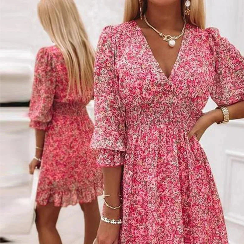 Mini Jurk met Bloemenprint en Overslag V-Hals