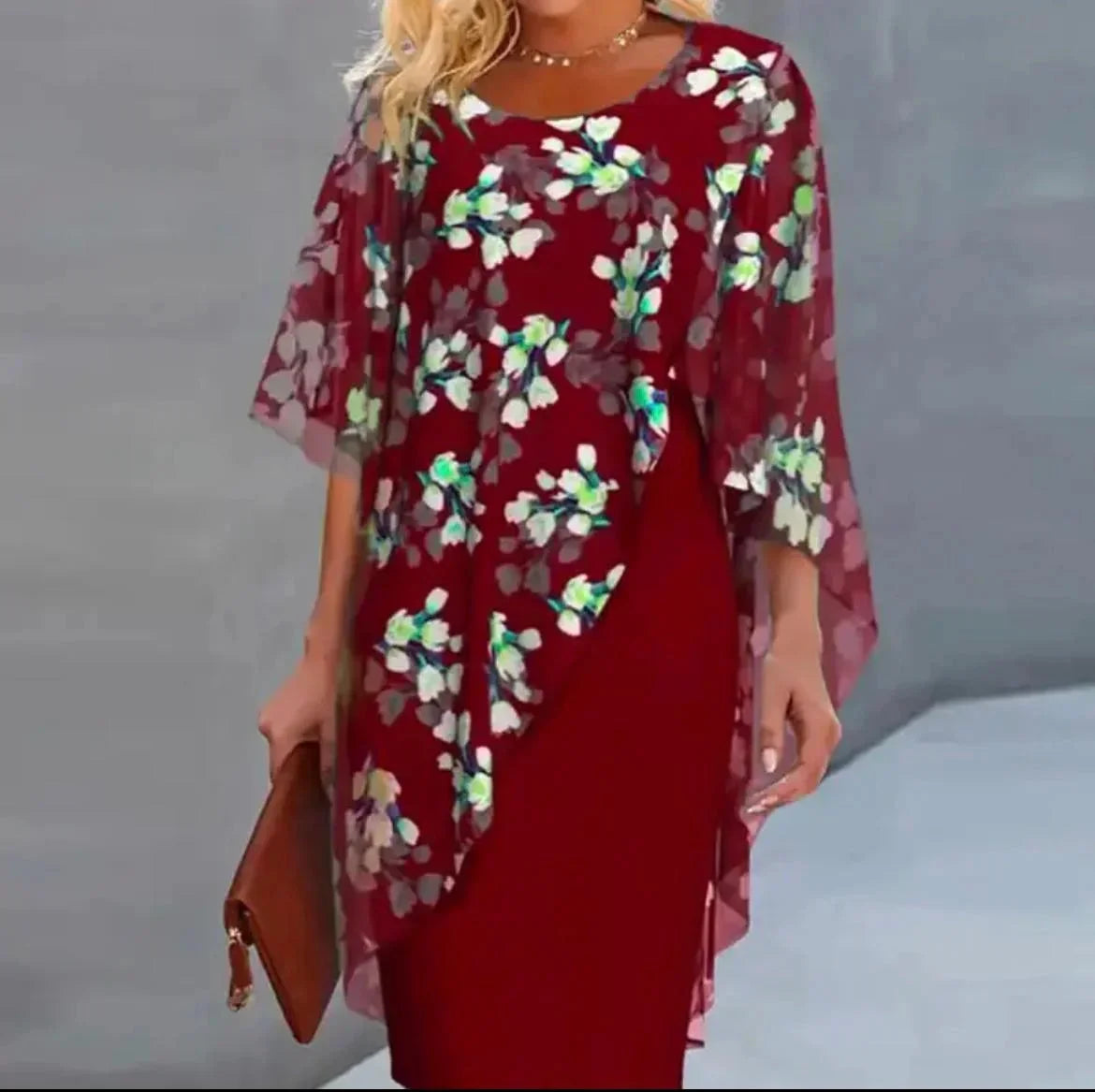 Midi Jurk met Bloemenprint en Chiffon Overlay