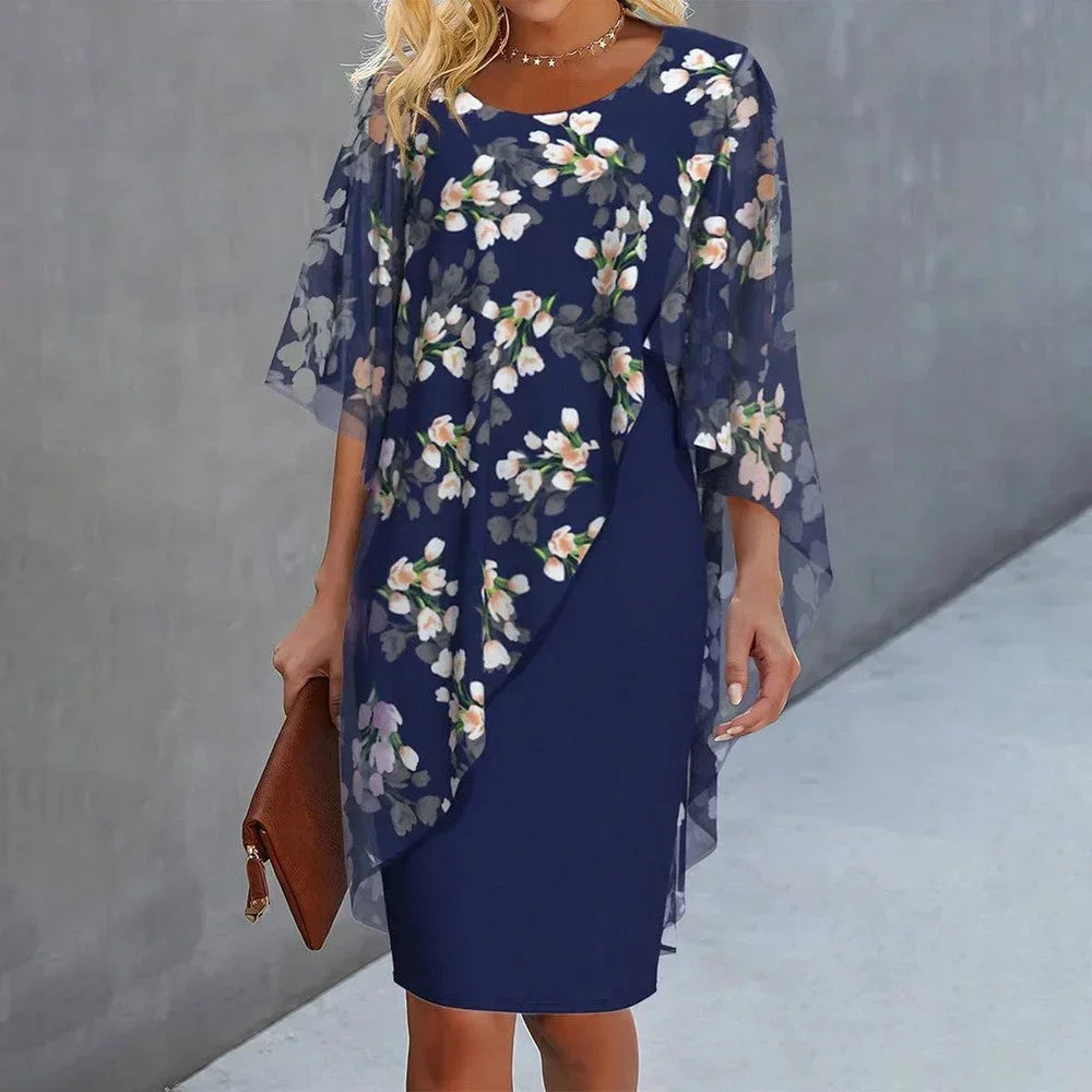 Midi Jurk met Bloemenprint en Chiffon Overlay