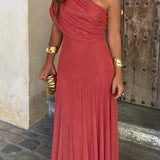 Dames One-Shoulder Maxi Jurk met Geplooide Taille