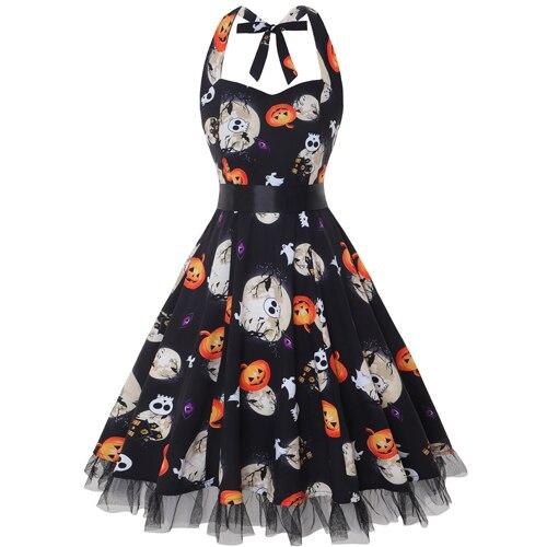 Halloween midi jurk – spookachtige cartoon print kostuum voor dames, comfortabele pasvorm met speels en eng ontwerp, perfect voor Halloween en verkleedfeesten.