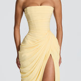 Strapless Maxi Jurk met Drapering en Split