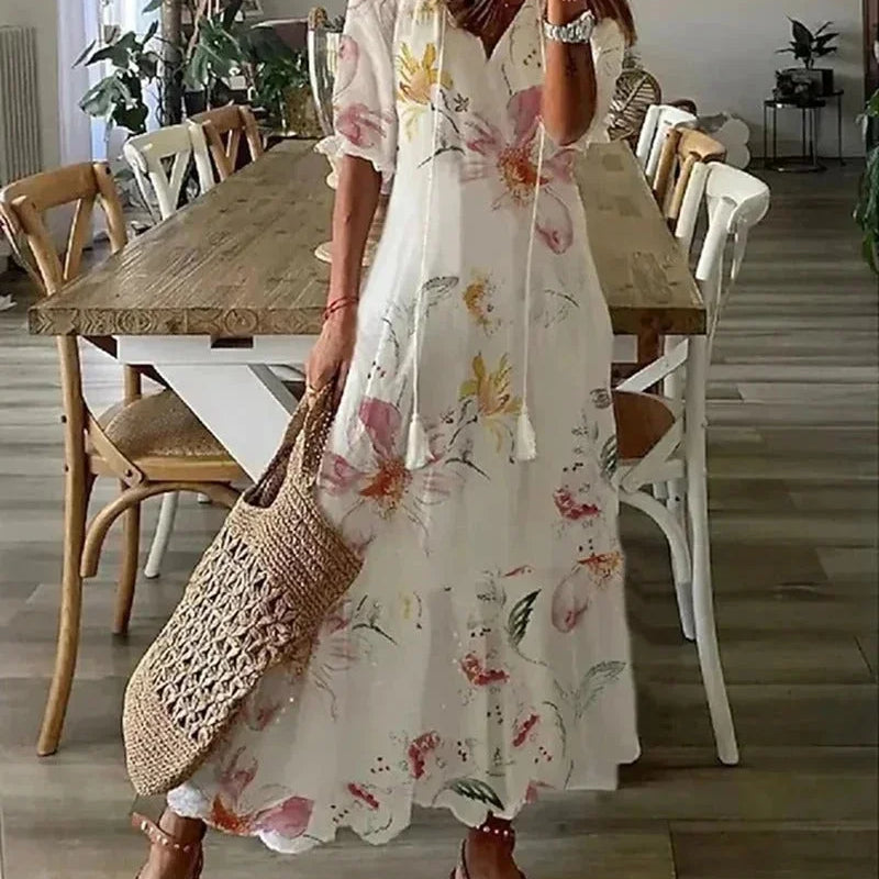 Midi Jurk met Bloemenprint en Knoopsluiting