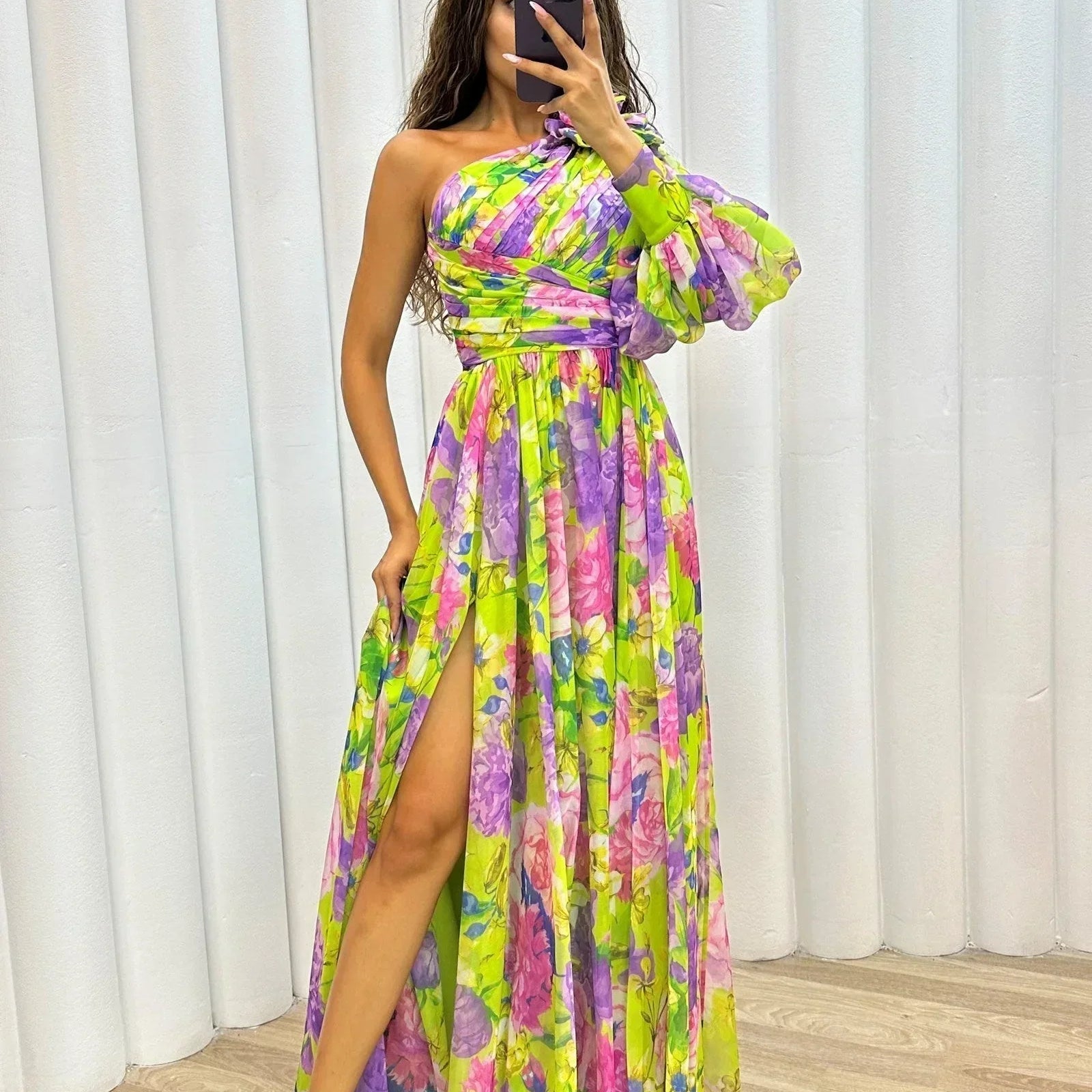 One-Shoulder Maxi Jurk met Bloemenprint