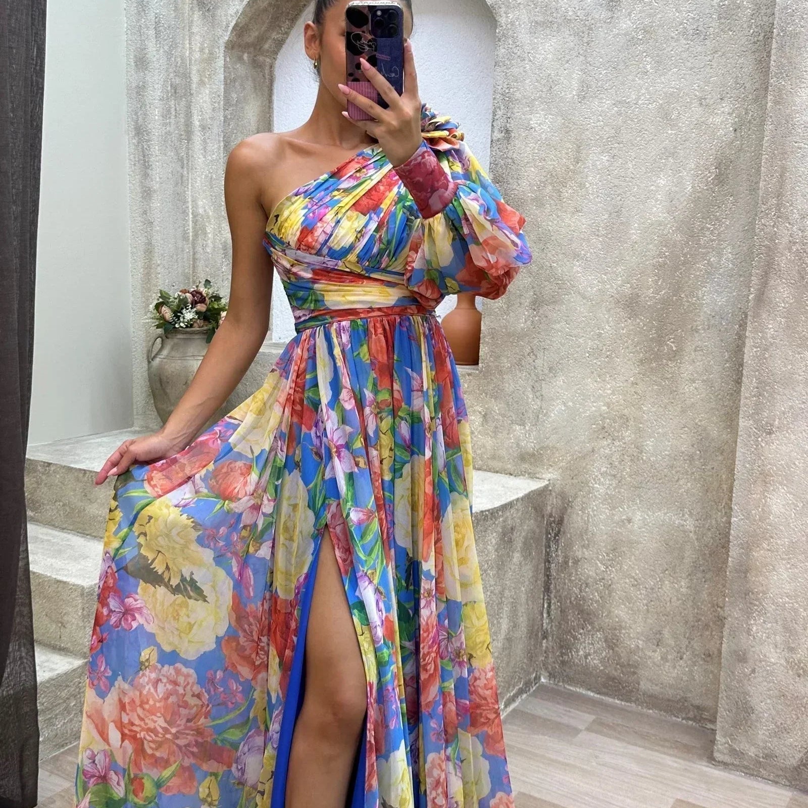 One-Shoulder Maxi Jurk met Bloemenprint