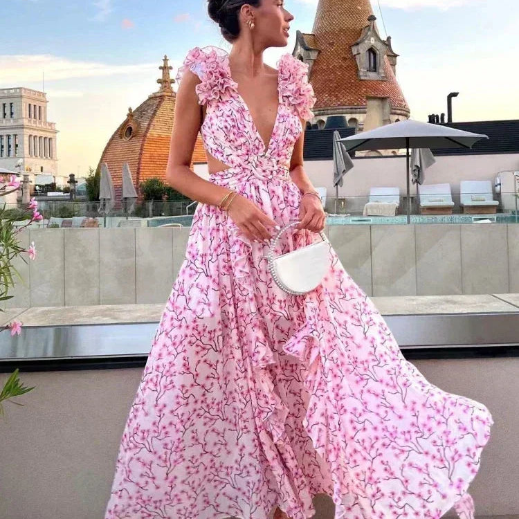 Maxi Jurk met Bloemenprint en Overslag V-Hals
