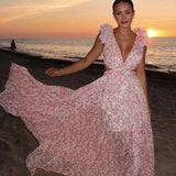 Maxi Jurk met Bloemenprint en Overslag V-Hals