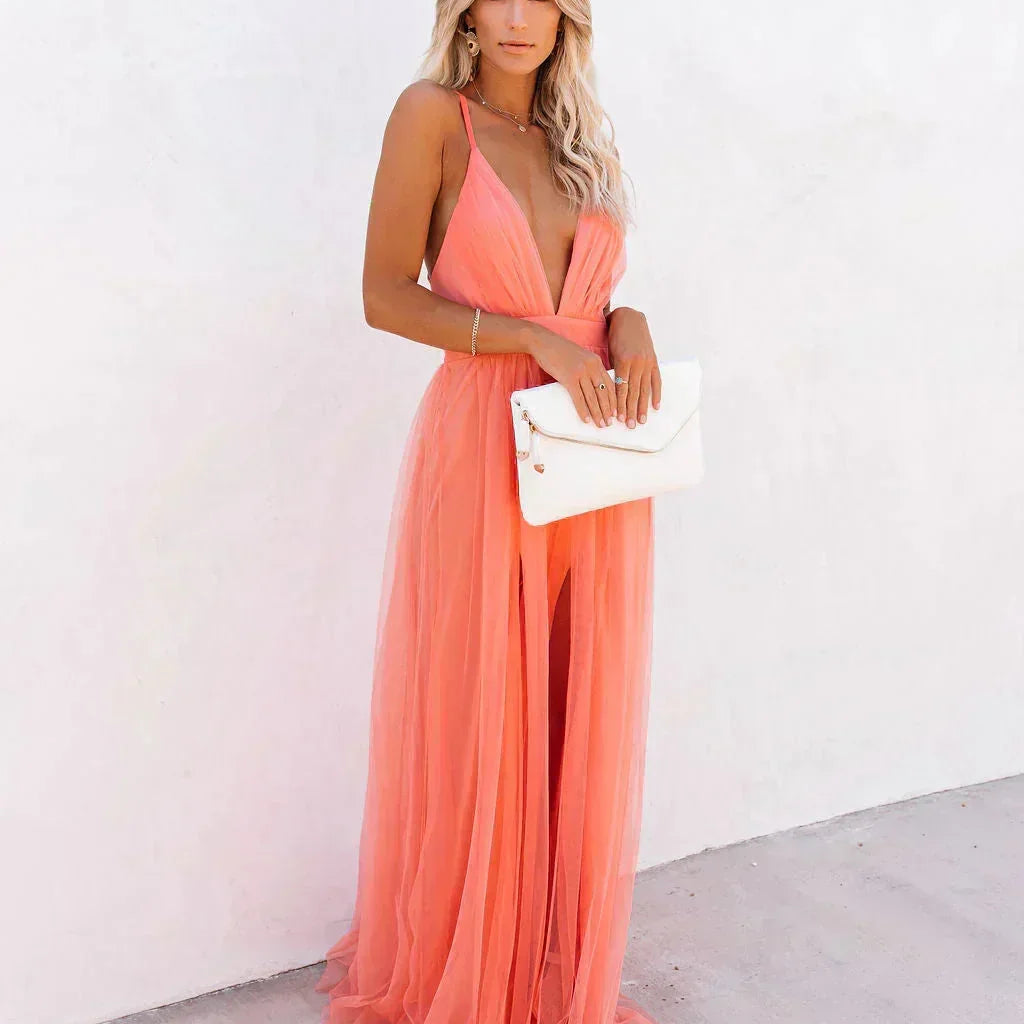 Dames Maxi Jurk met Open Rug en Spaghettibandjes