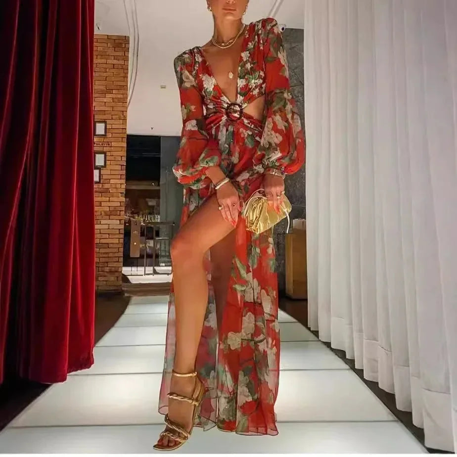 Maxi Jurk met Bloemenprint en Volantmouwen