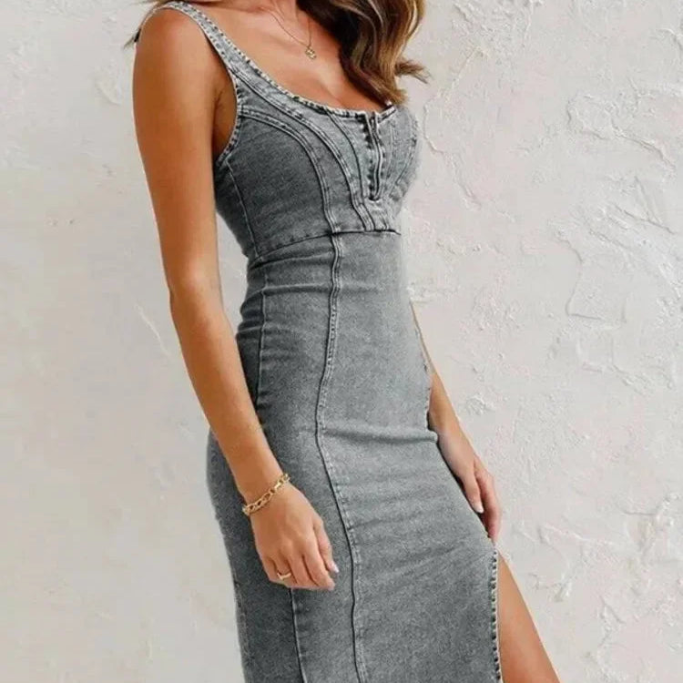 Denim Midi Jurk met Vierkante Hals en Knopen
