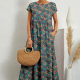 Midi Jurk met Ronde Hals en Bloemenprint