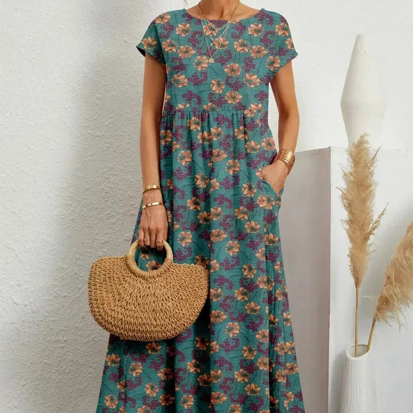 Midi Jurk met Ronde Hals en Bloemenprint