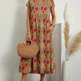 Midi Jurk met Ronde Hals en Bloemenprint
