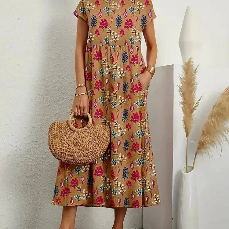 Midi Jurk met Ronde Hals en Bloemenprint