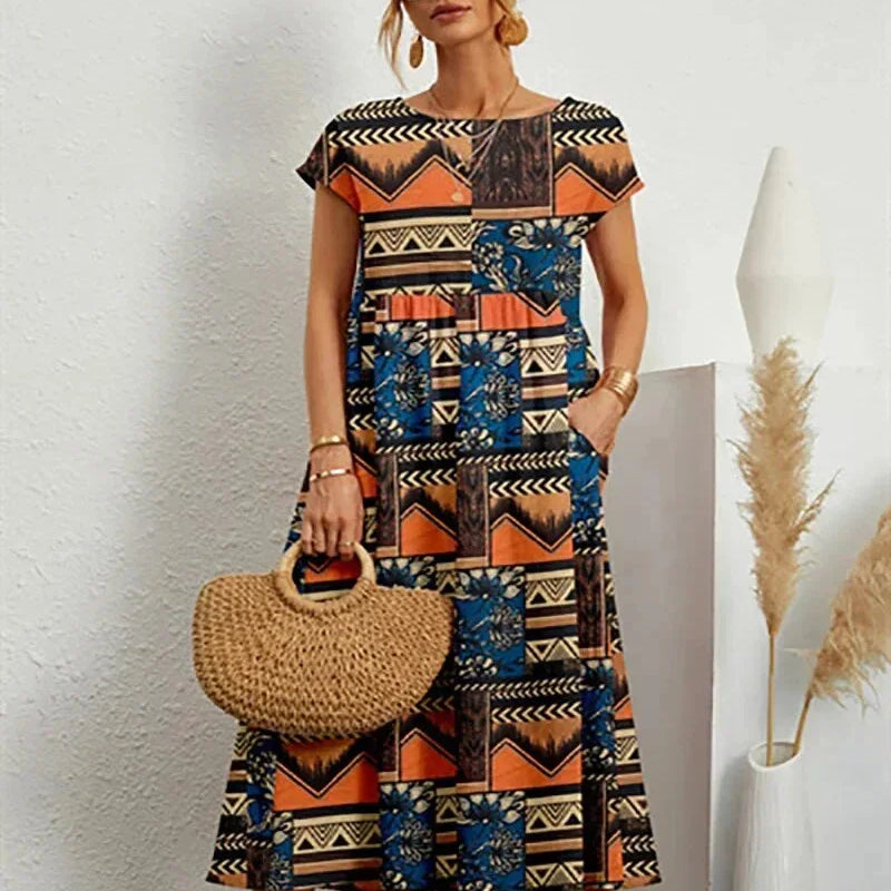 Midi Jurk met Ronde Hals en Bloemenprint