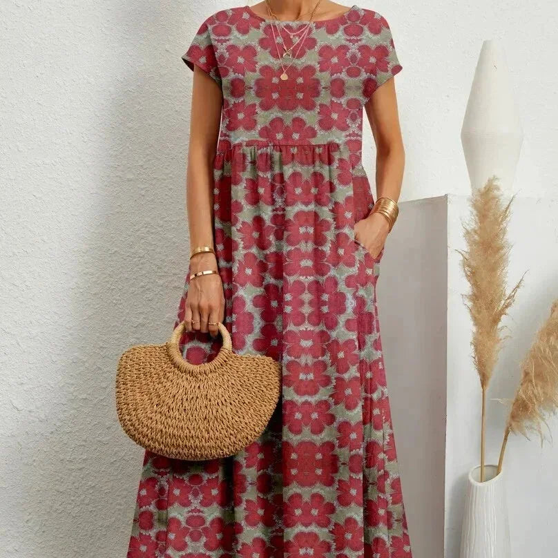 Midi Jurk met Ronde Hals en Bloemenprint