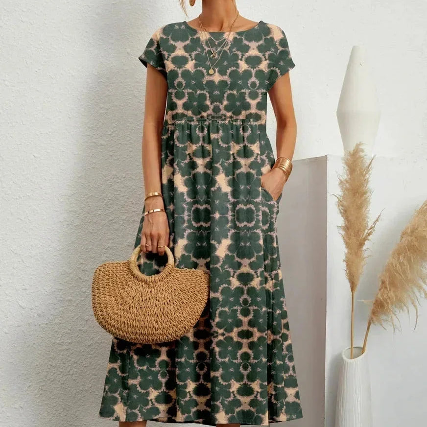 Midi Jurk met Ronde Hals en Bloemenprint