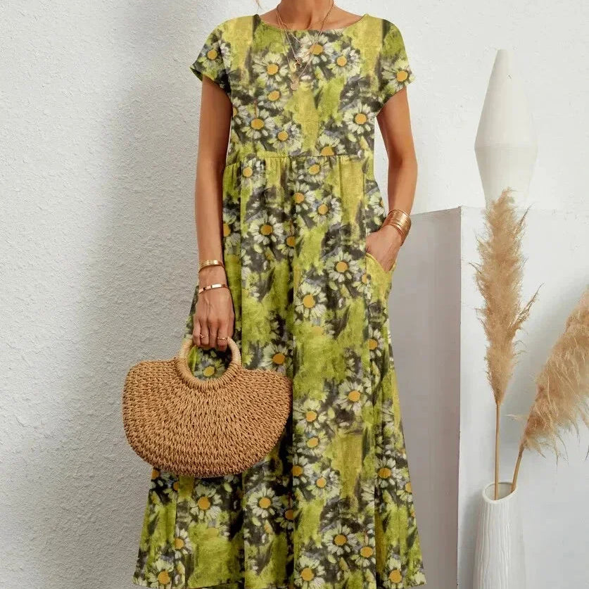 Midi Jurk met Ronde Hals en Bloemenprint