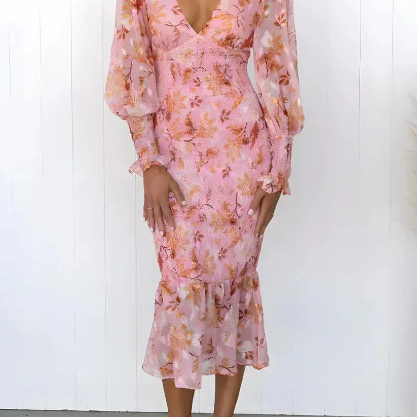 Midi Jurk met Bloemenprint en Volantzoom