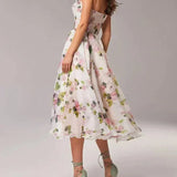 Strapless Midi Jurk met Bloemenprint en Uitlopende Rok