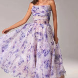 Strapless Midi Jurk met Bloemenprint en Uitlopende Rok
