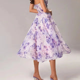 Strapless Midi Jurk met Bloemenprint en Uitlopende Rok