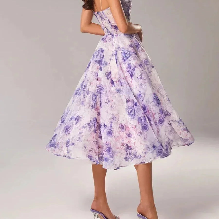 Strapless Midi Jurk met Bloemenprint en Uitlopende Rok